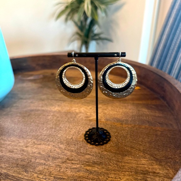 Cache Black & Silver Round Sparkling Dangle Earrings - Picture 1 of 5